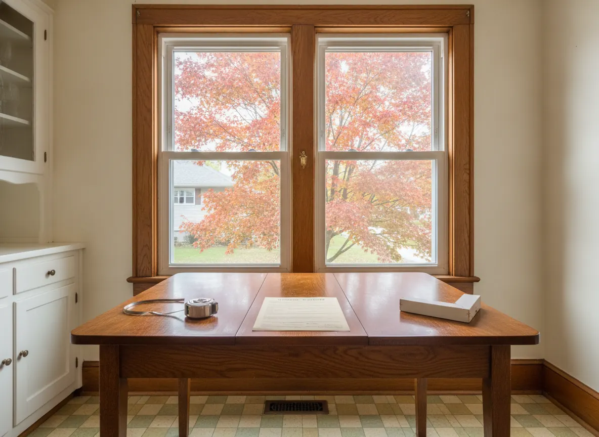 Illustration: A homeowner's kitchen table in an older Grand Rapids house with a window sample, tape measure and a blank permit application form beside a tall wood double-hung window.