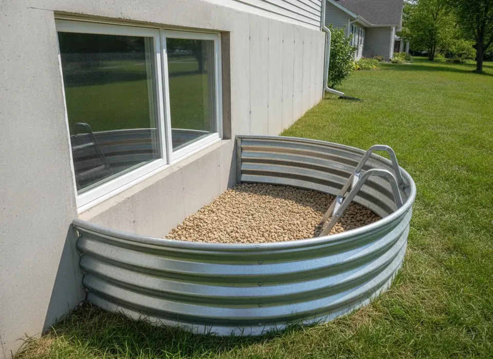 Egress basement window with a steel window well