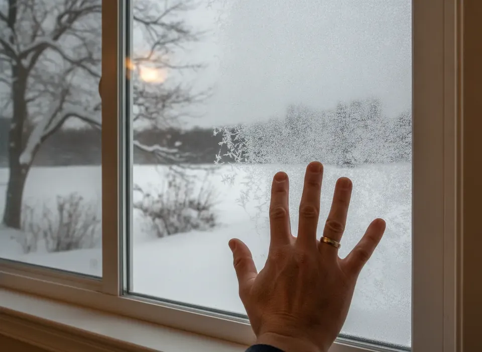Triple-pane window with snow outside in winter